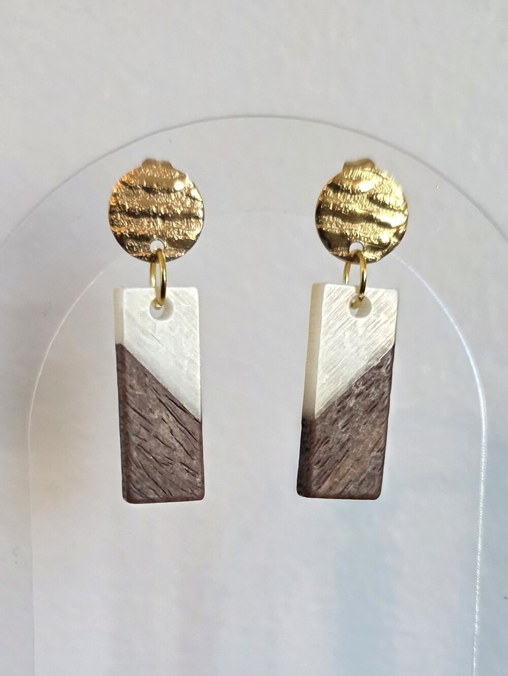 Gold and Two-Tone Brown Wood An Pearl Resin Rectangle Drop Earrings